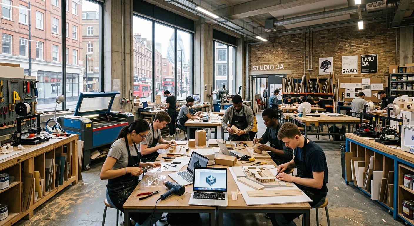 Modern design studio at London Metropolitan University School of Art Architecture and Design, students working on product prototypes and 3D models, industrial workshop with tools and materials, East London creative campus setting