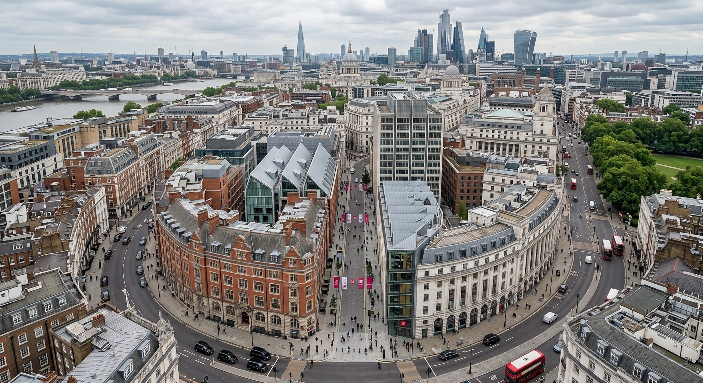 London School of Economics campus aerial view, Houghton Street and surrounding buildings in central London, historic architecture mixed with modern facilities, Aldwych area visible, overcast London sky