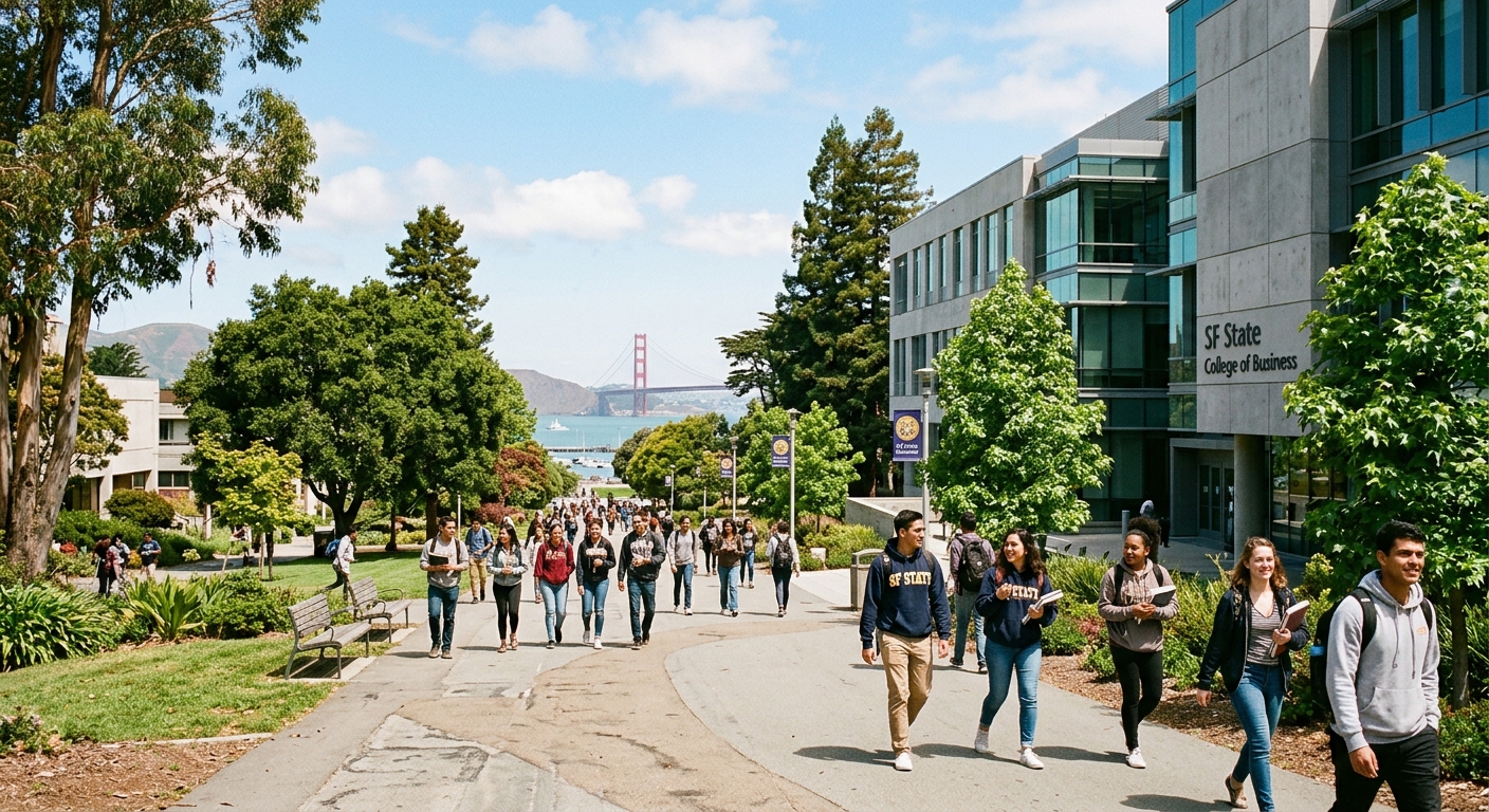 San Francisco State University campus with modern business building, students walking on pathways surrounded by green trees, Golden Gate Bridge visible in the distant background, bright California sunshine