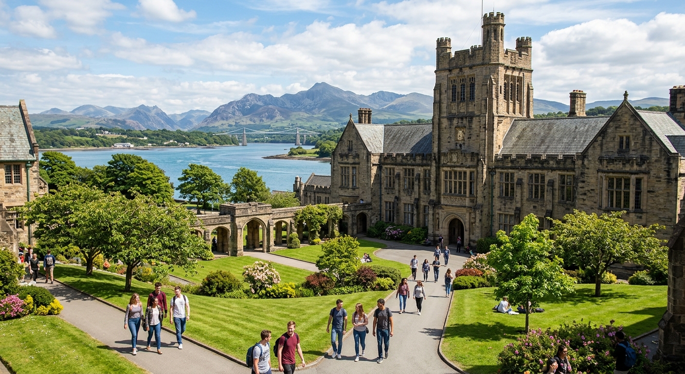 Bangor University campus with historic stone buildings set against the backdrop of Snowdonia mountains and the Menai Strait in North Wales, students walking through green courtyards on a bright day