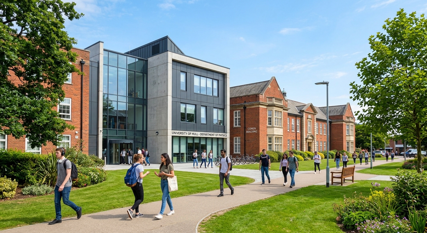 University of Hull campus with modern physics laboratory building, red brick architecture, green lawns, and students walking along pathways under a clear sky in Kingston upon Hull, England