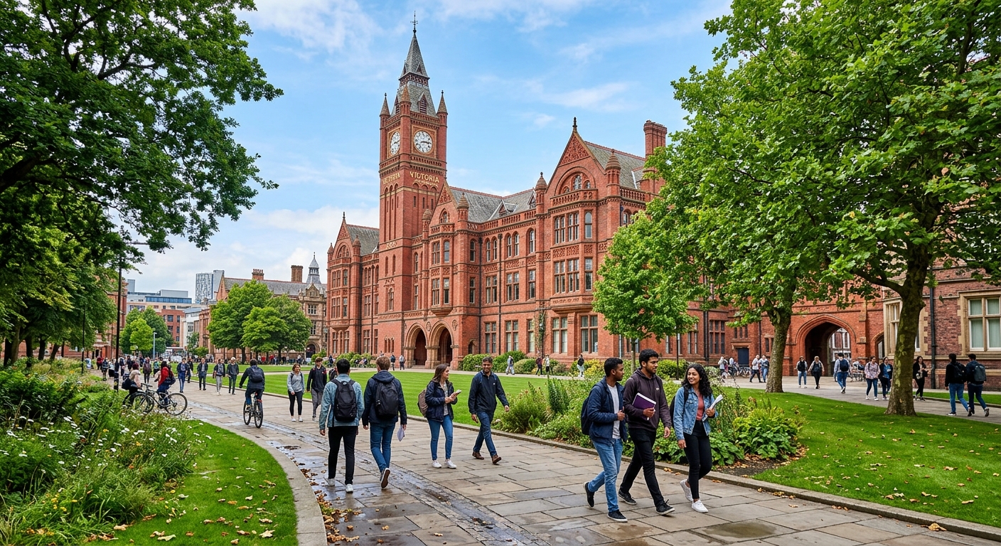University of Liverpool historic red brick Victoria Building with Gothic architecture, green campus grounds, students walking along tree-lined pathways in Liverpool, United Kingdom