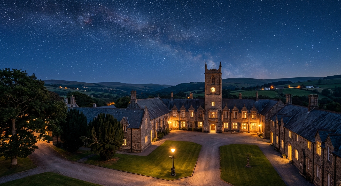 Historic Lampeter campus of University of Wales Trinity Saint David at twilight with a clear starry sky above, ancient stone buildings illuminated warmly, rolling Welsh countryside in the background