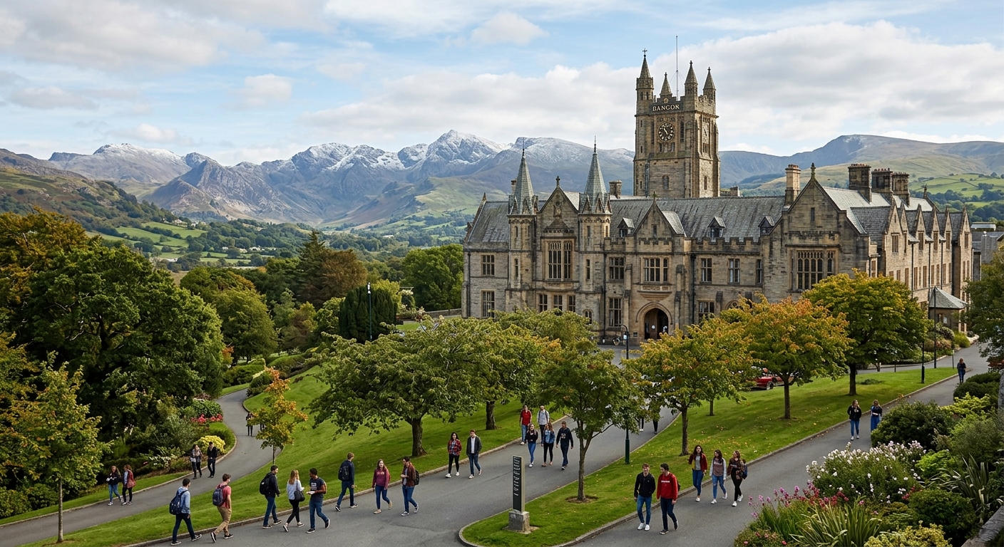 Historic Bangor University main arts building with clock tower, set against the backdrop of Snowdonia mountains and lush green campus grounds, students walking along tree-lined paths in North Wales