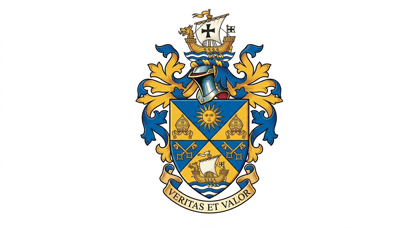 University of Sunderland official crest featuring a gyronny shield with mitres, St Peter's keys, a sun symbol, and a Lymphad ship on white background
