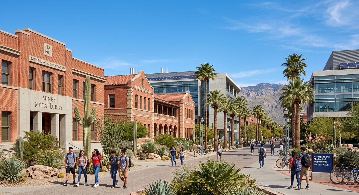 University of Arizona campus with red brick engineering buildings, desert landscape with saguaro cacti, students walking along palm-lined pathways under clear blue Arizona sky, modern engineering laboratories visible in the background