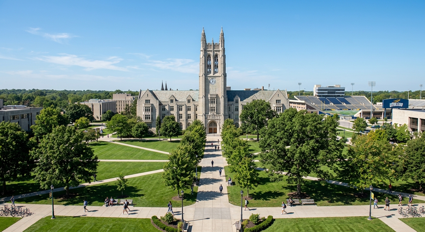 University of Toledo main campus wide shot featuring University Hall with Collegiate Gothic limestone architecture, Centennial Mall green space, tree-lined walkways, and the Glass Bowl stadium visible in the background under clear blue sky