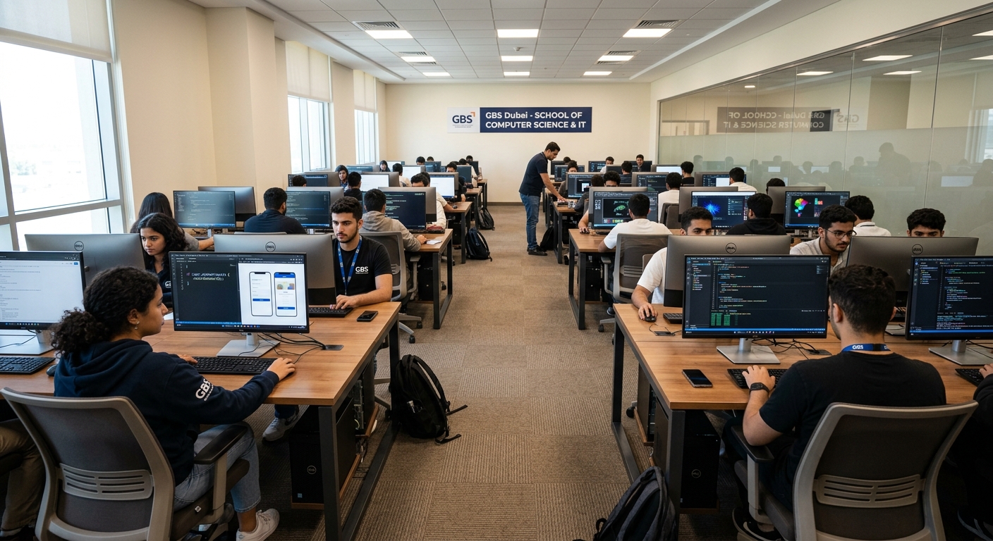 GBS Dubai computer lab with rows of modern workstations, students working on IT projects, large monitors displaying code and digital interfaces