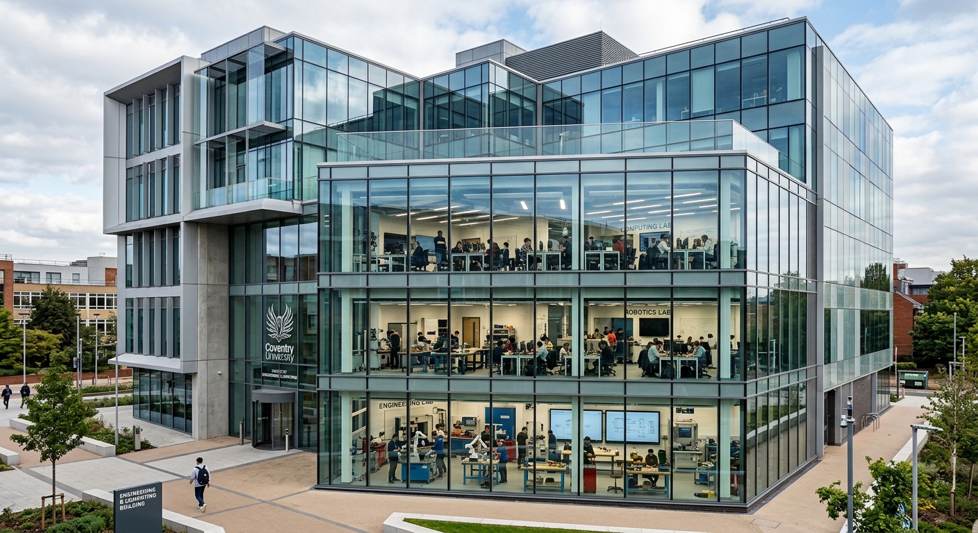 Coventry University Engineering and Computing Building, a modern multi-storey facility with glass facades and contemporary design, showing engineering labs through windows
