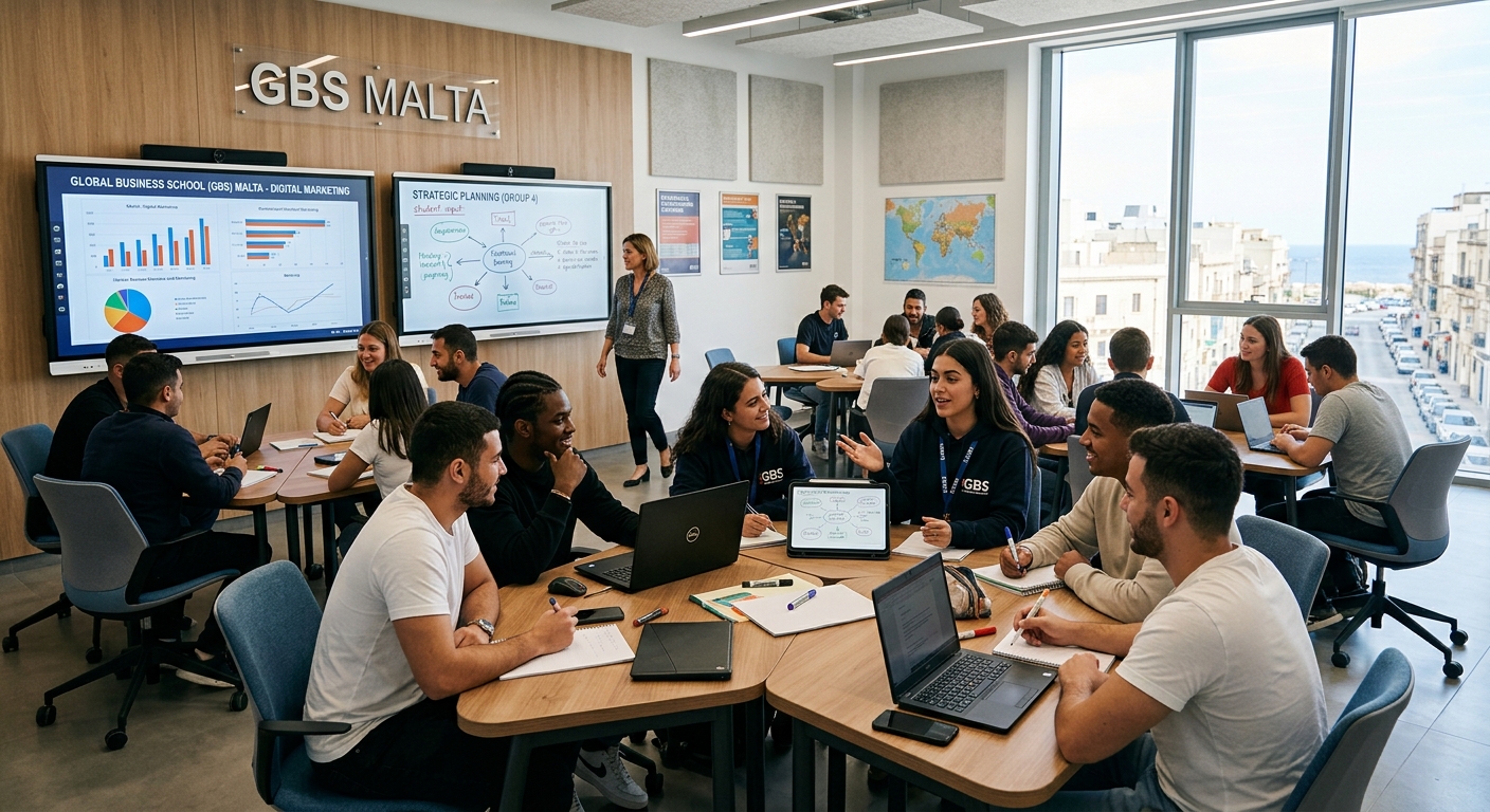 Modern GBS Malta classroom with smart boards, contemporary furniture, students engaged in interactive learning session, bright natural lighting