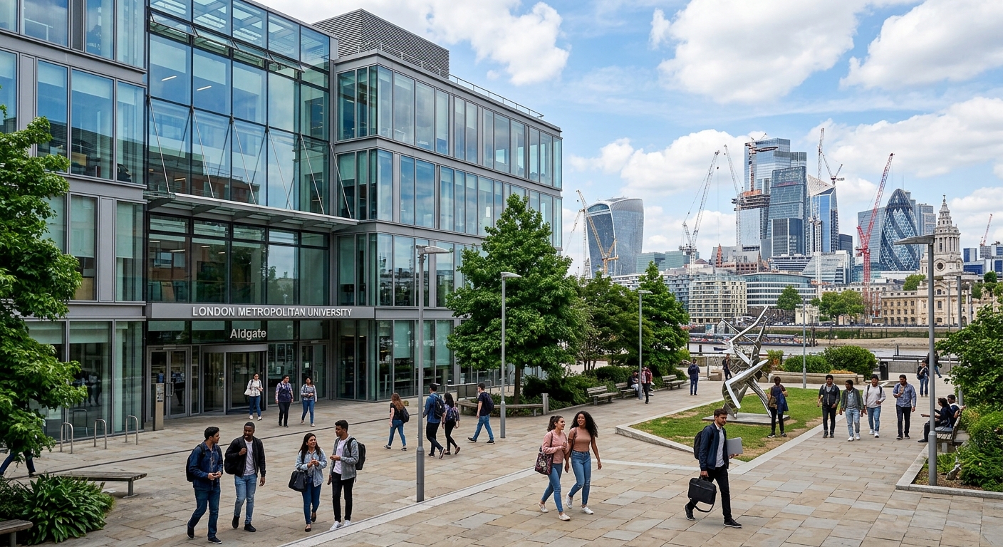 Modern London Metropolitan University campus building with glass facade, construction cranes visible in the London skyline background, students walking through a courtyard, bright daylight with partly cloudy sky