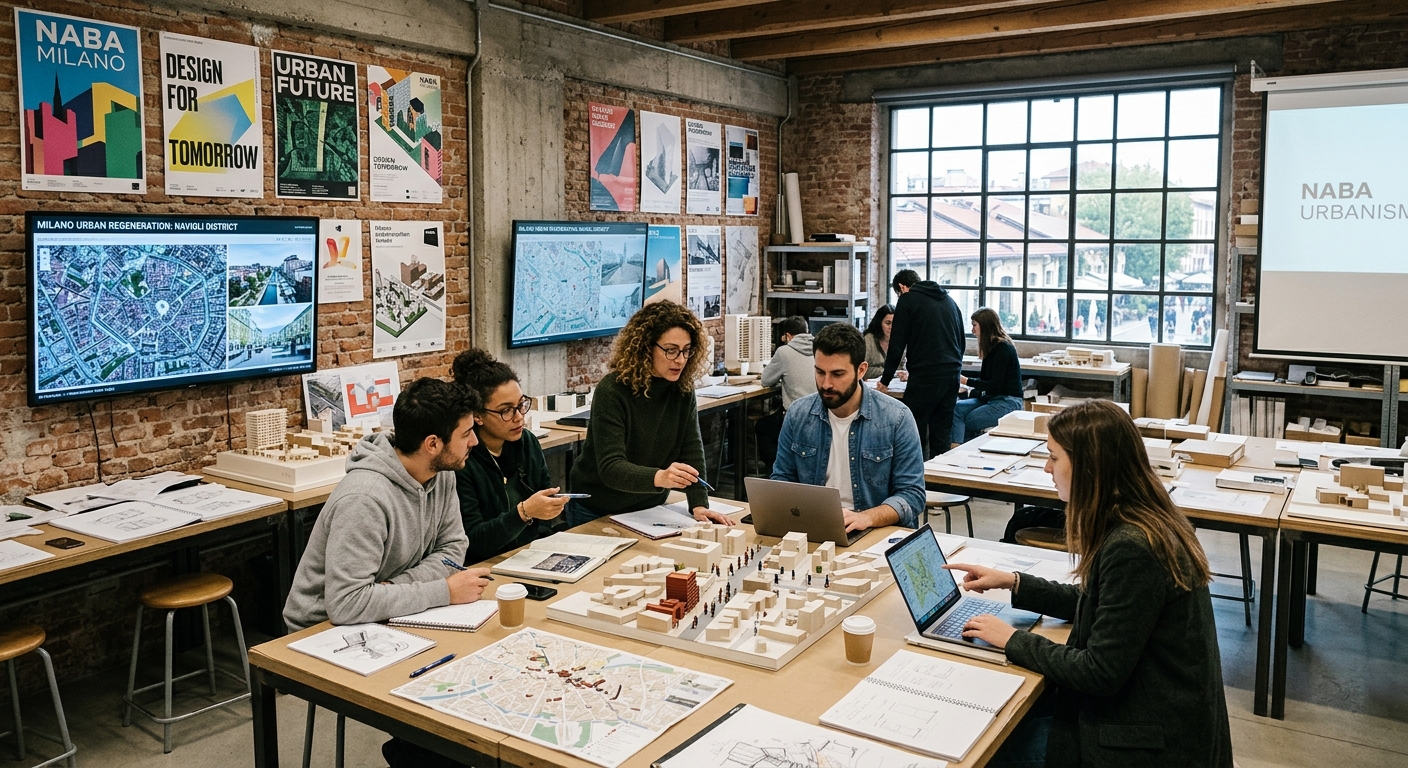 Modern design studio at NABA Milan campus in the Navigli district, students collaborating around urban planning models and digital screens showing city maps, exposed brick walls with contemporary architecture posters, natural light streaming through large industrial windows