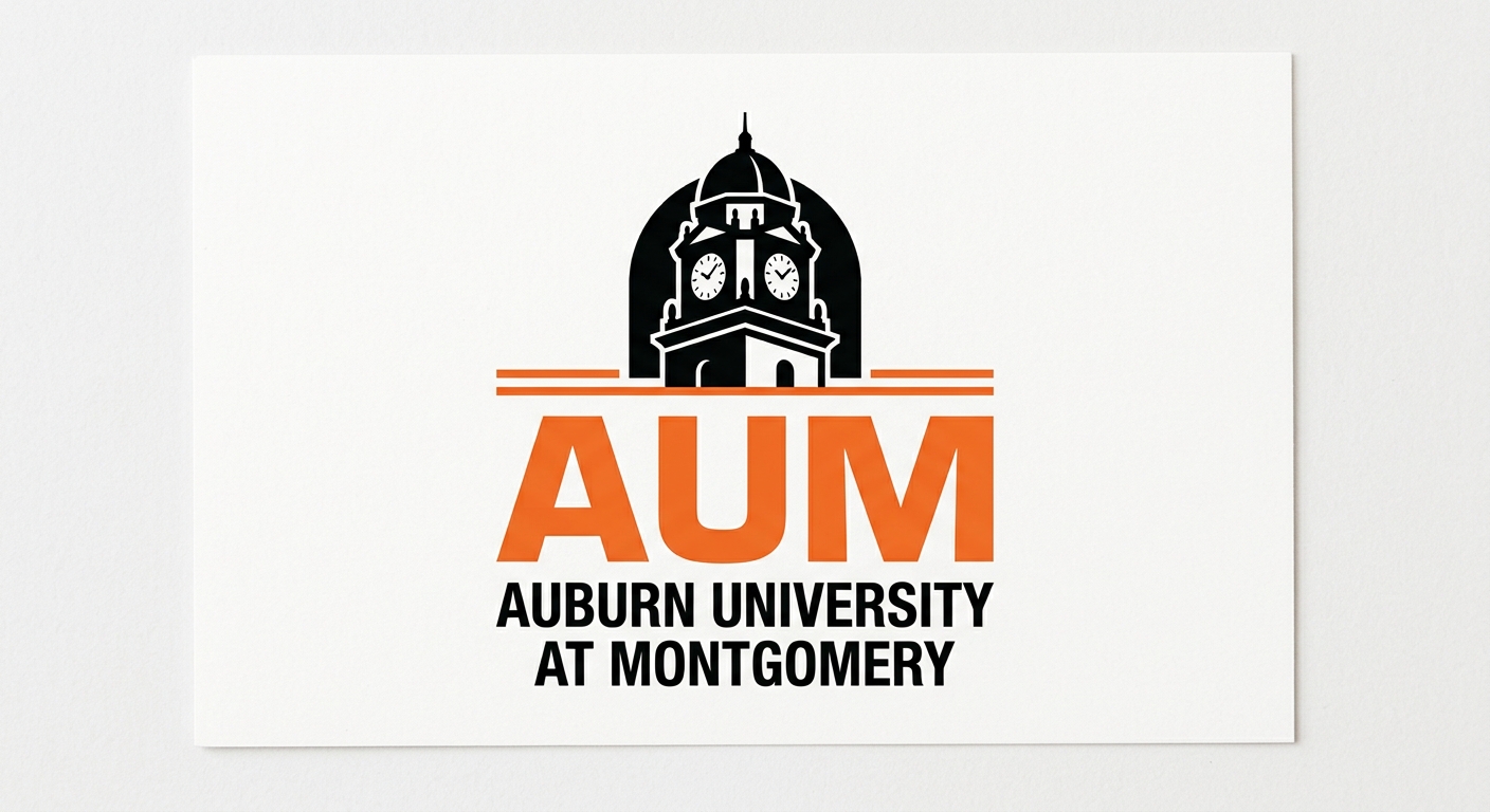 Auburn University at Montgomery official logo featuring the Ida Belle Young Library tower silhouette in black and orange, AUM text below
