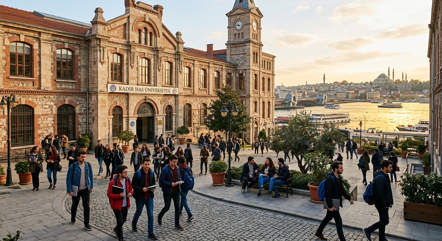 Kadir Has University historic Cibali campus building in Istanbul with students walking through the courtyard, restored Ottoman-era tobacco factory architecture, golden afternoon light reflecting off the Golden Horn waterway in the background