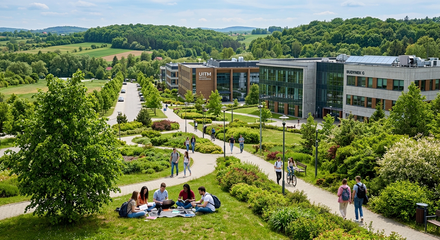 UITM Kielnarowa campus surrounded by lush green trees and nature, modern educational buildings, walking paths, students studying outdoors, European countryside setting