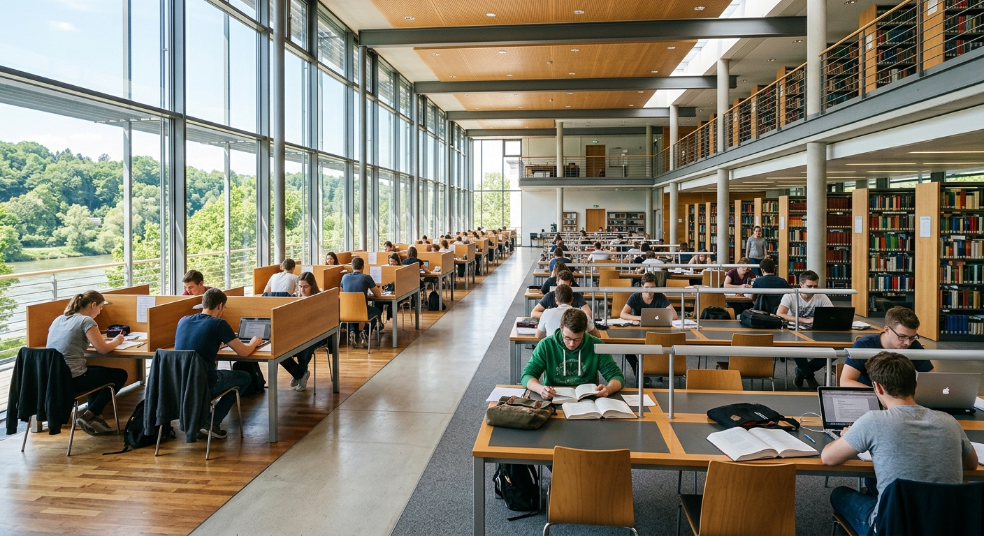 University of Passau central library interior, modern reading room with rows of desks, natural light through large windows, students studying quietly