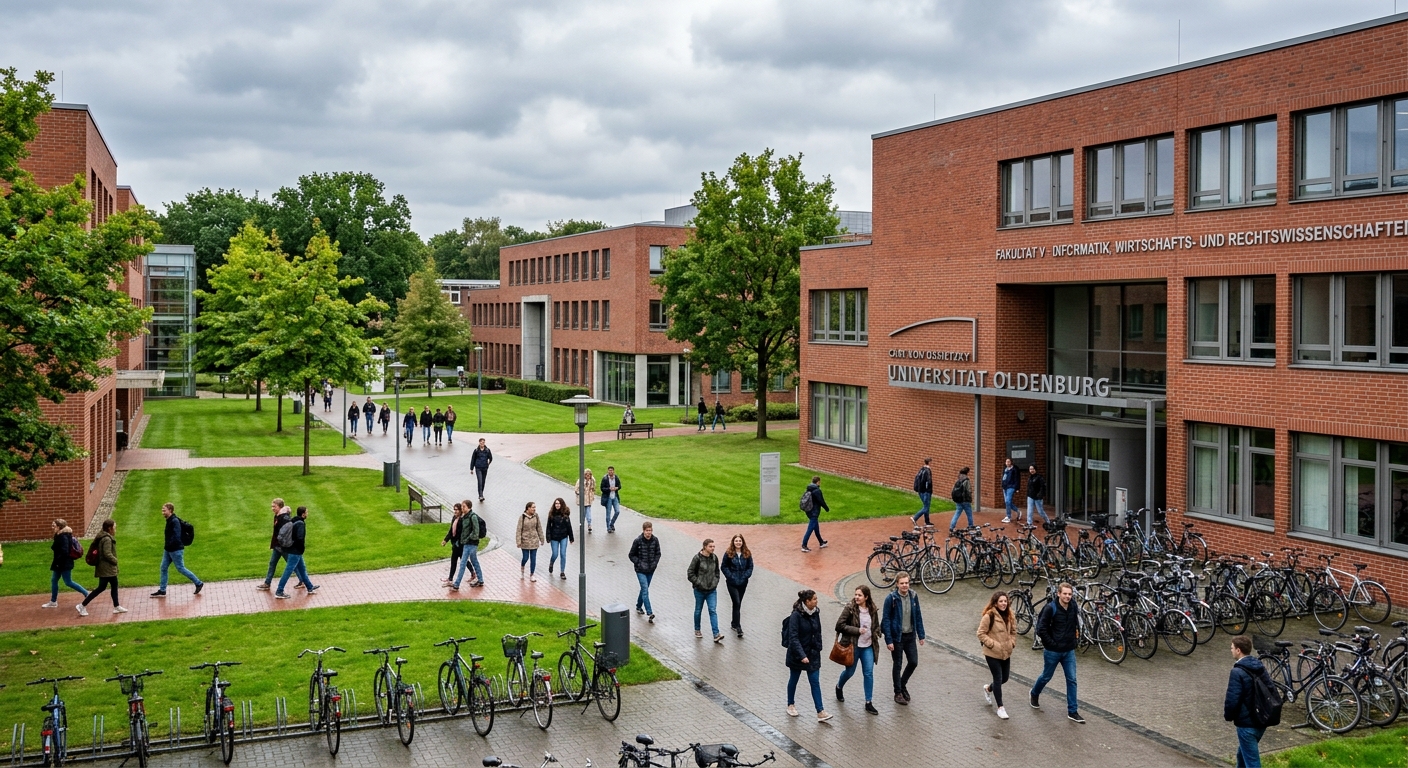Modern university campus in Oldenburg Germany with red brick academic buildings, green lawns, students walking along tree-lined pathways, bicycles parked near entrance, overcast northern German sky