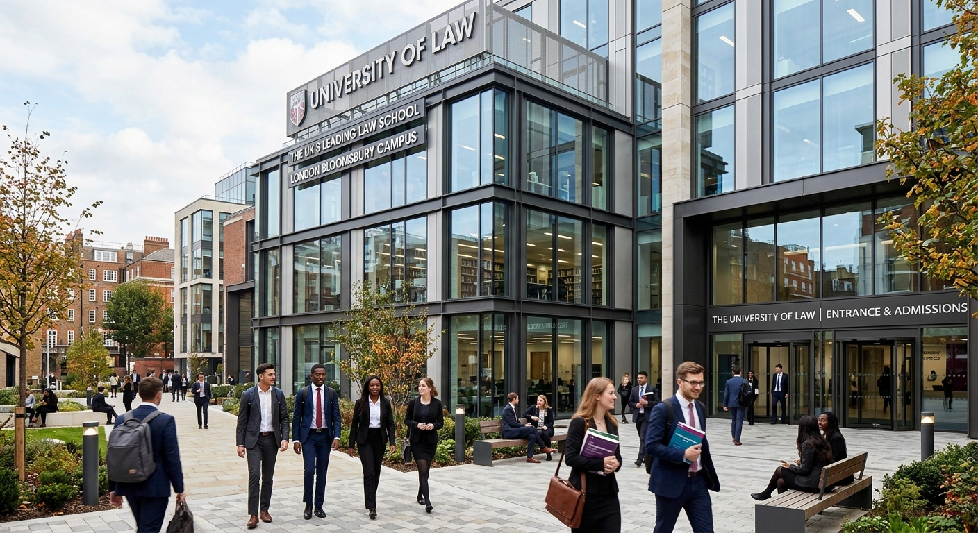 Modern University of Law campus building in the United Kingdom, professional law school environment with glass facade, students walking through courtyard, contemporary architecture with legal institution signage