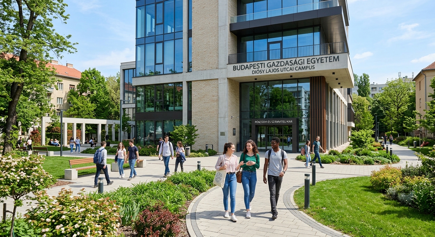 Budapest Business School Diósy Lajos Street campus, modern educational building surrounded by green areas in the Zugló district, students walking on pathways