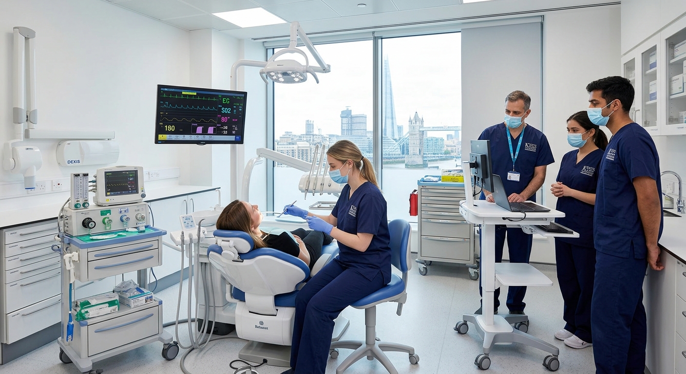 Guy's Hospital dental clinical training facility at King's College London, modern sedation treatment room with dental chair, monitoring equipment, and clinical supervision area, bright professional healthcare environment in central London