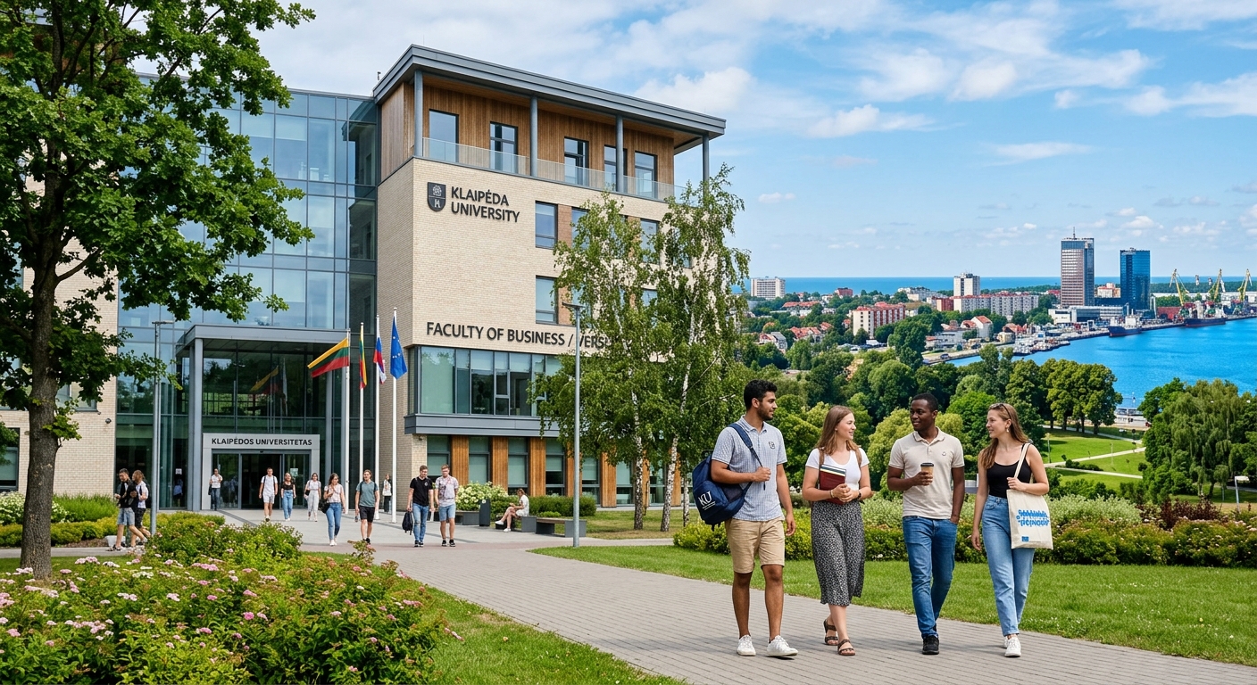 Modern university campus building in Klaipeda Lithuania with international students walking near the Faculty of Business, coastal city skyline visible in the background, bright Baltic summer day