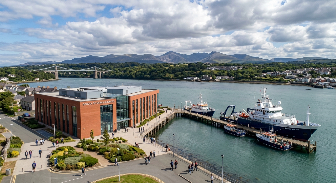 Aerial view of Bangor University School of Ocean Sciences building on the Menai Strait coastline in North Wales, with research vessels docked nearby, Snowdonia mountains in the background, and students walking along waterfront pathways under partly cloudy skies