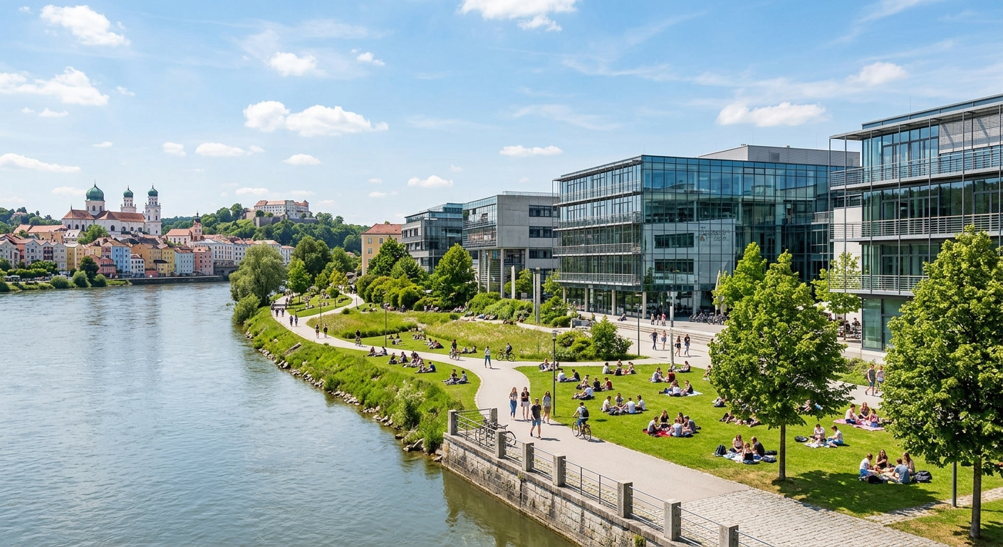 University of Passau main campus buildings along the Inn river, modern architecture with glass facades, green lawns and walking paths, students sitting on meadows in summer
