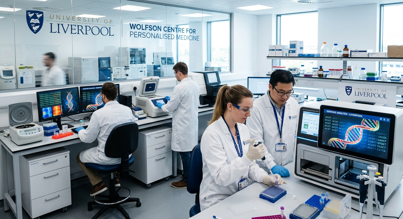 Modern biomedical research laboratory at the University of Liverpool Wolfson Centre for Personalised Medicine, researchers in lab coats working with precision diagnostic equipment, bright clinical lighting, DNA helix graphics on digital screens