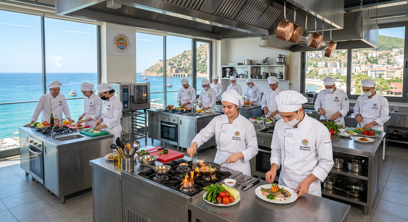 Modern culinary arts teaching kitchen at Alanya University with students in chef whites preparing dishes at stainless steel workstations, Mediterranean coastal campus visible through large windows, bright professional lighting