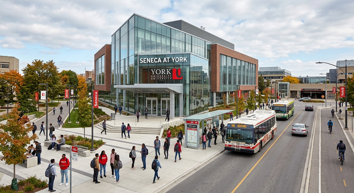Seneca at York Campus modern building exterior, York University area in Toronto, urban setting with transit access, students on campus grounds