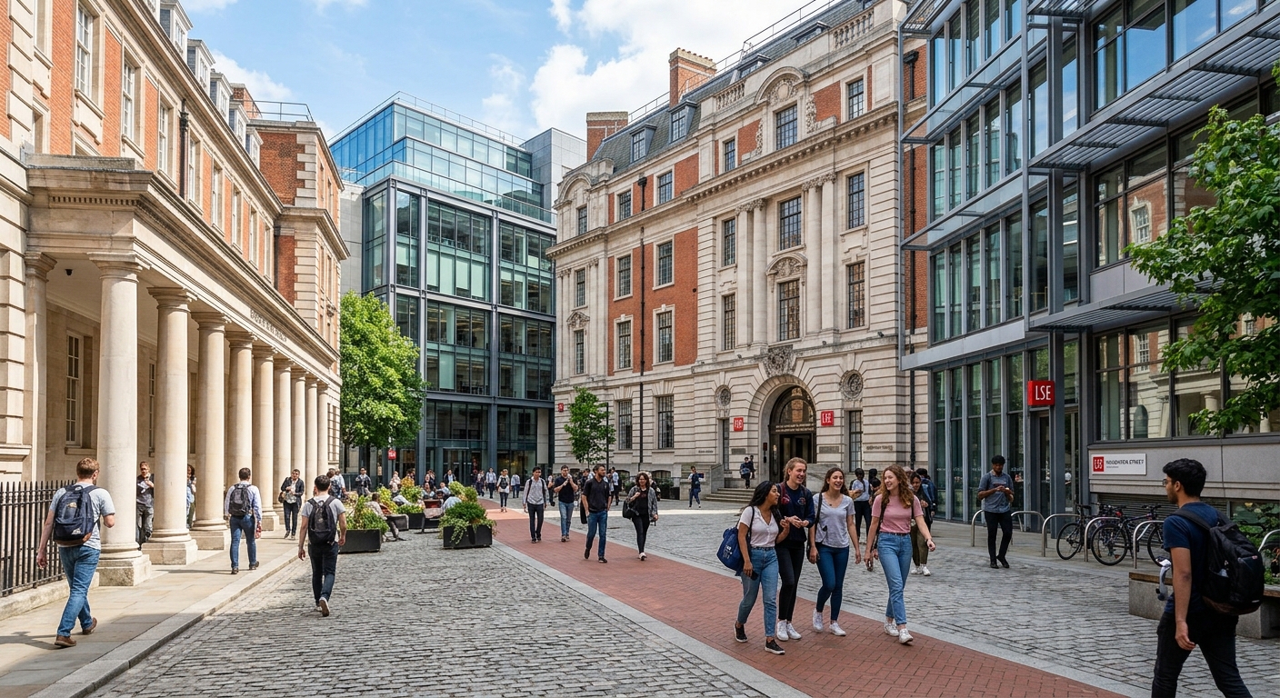 London School of Economics campus building on Houghton Street in central London, historic stone architecture with modern glass additions, students walking through the courtyard on a sunny day, red brick and classical columns visible