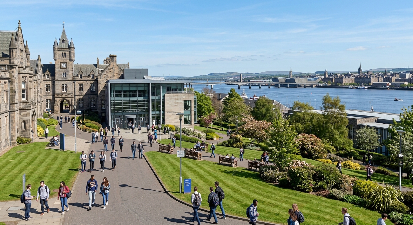 University of Dundee campus with historic stone buildings and modern law school facilities, students walking along pathways with green lawns, Dundee city skyline and River Tay in the background under a clear Scottish sky