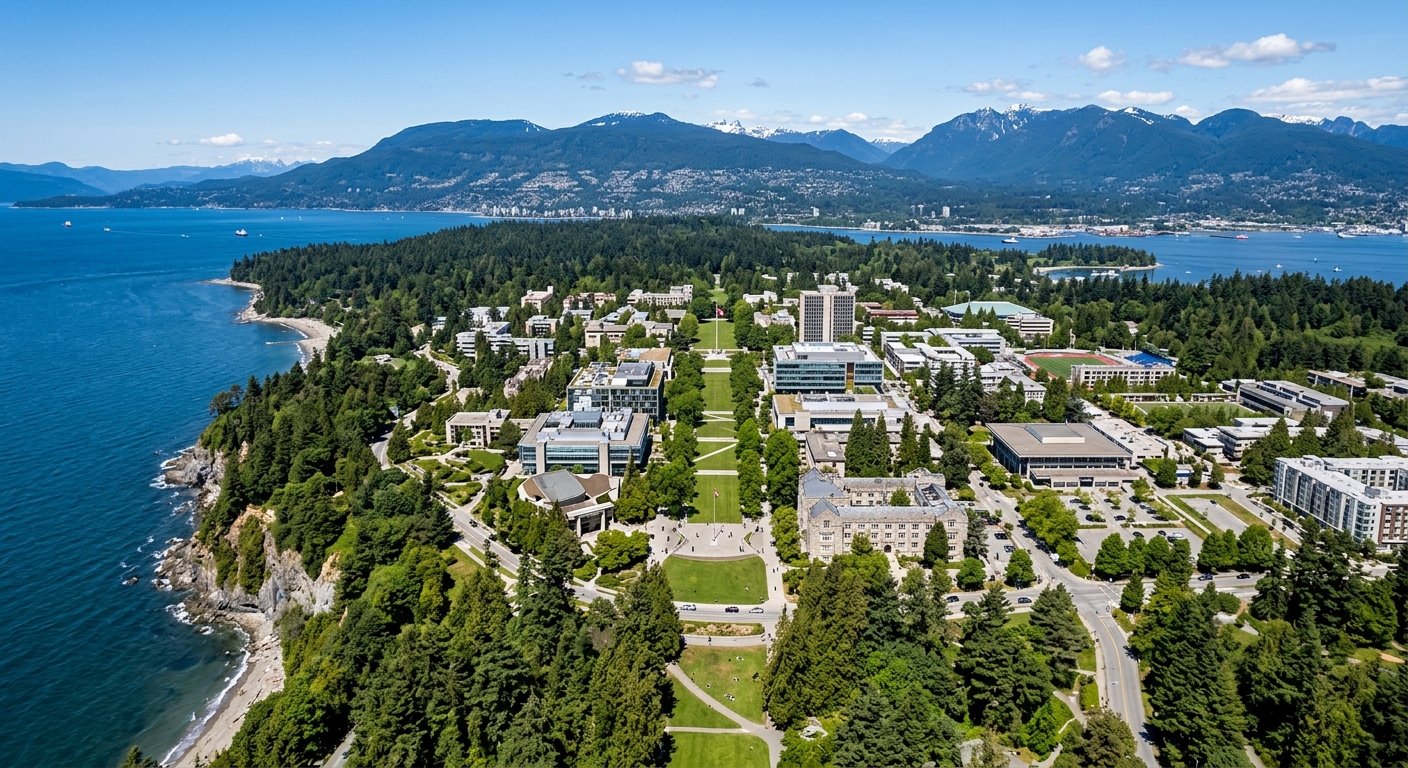 Aerial view of the University of British Columbia Vancouver campus at Point Grey, lush green forests meeting the Pacific Ocean coastline, modern and heritage buildings nestled among tall evergreen trees, mountains visible in the background under clear blue sky