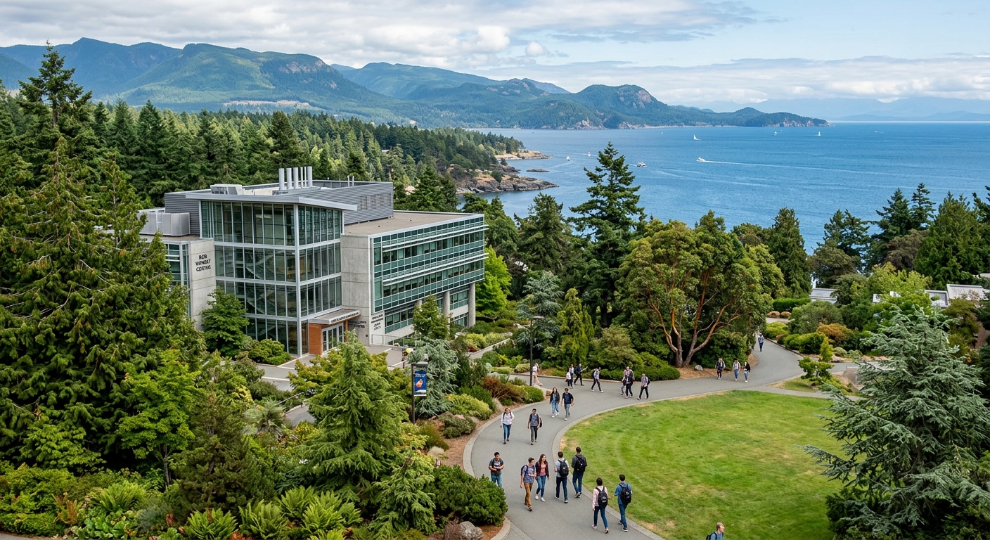 University of Victoria campus with lush green forests and Pacific coastline in the background, modern science building with students walking on pathways, Vancouver Island natural landscape visible