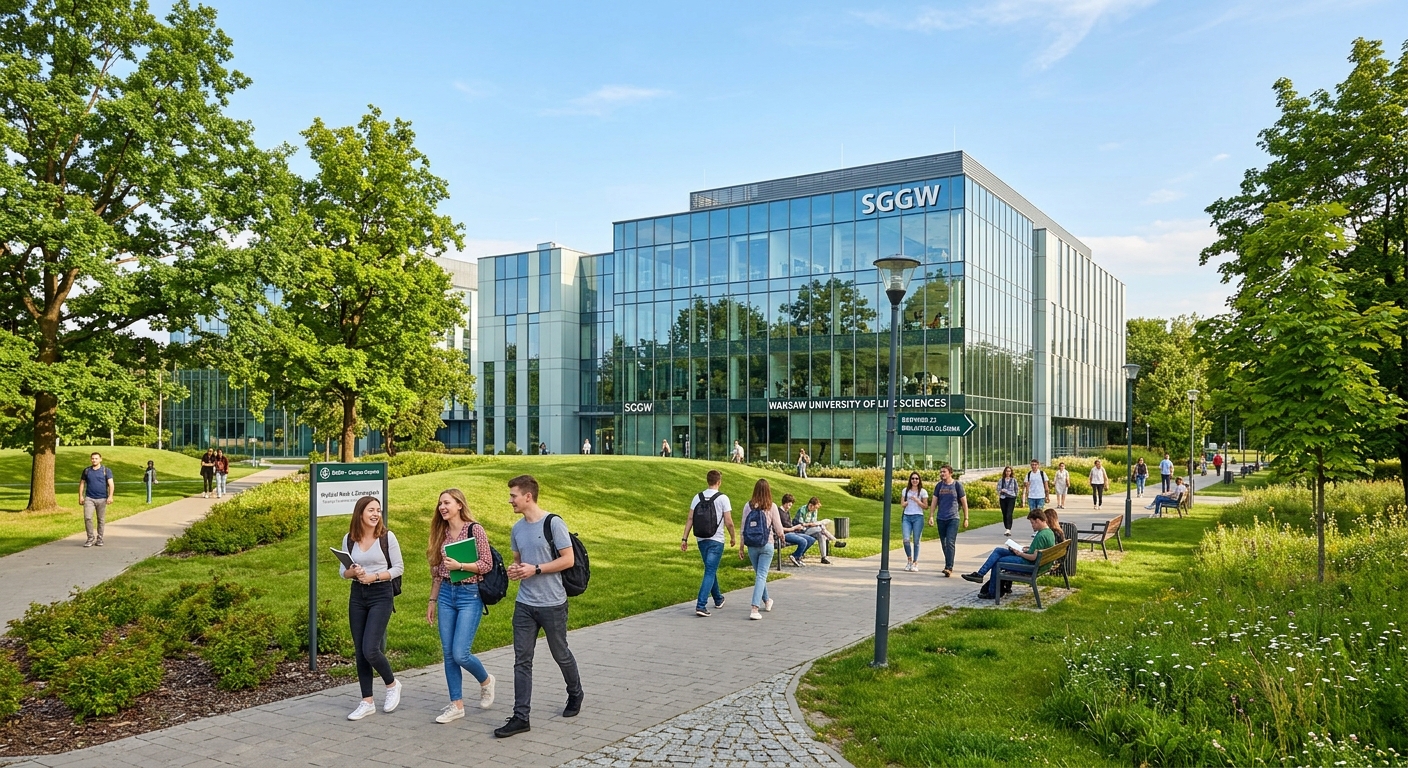 Modern SGGW university buildings with glass facades surrounded by green lawns and mature trees, students walking along pathways, bright sunny day in Warsaw