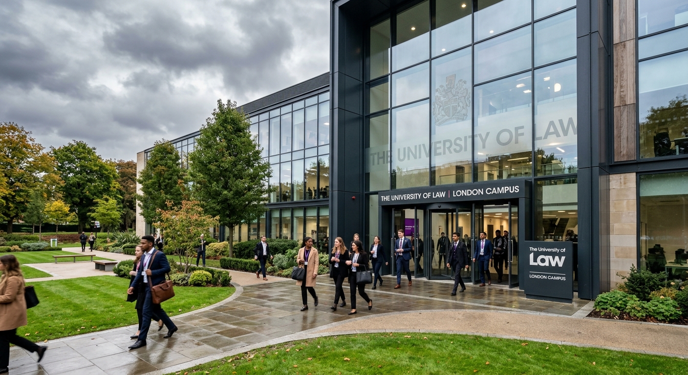 Modern University of Law campus building exterior in the United Kingdom, professional law students walking through a contemporary glass-fronted entrance, overcast British sky, manicured grounds with greenery