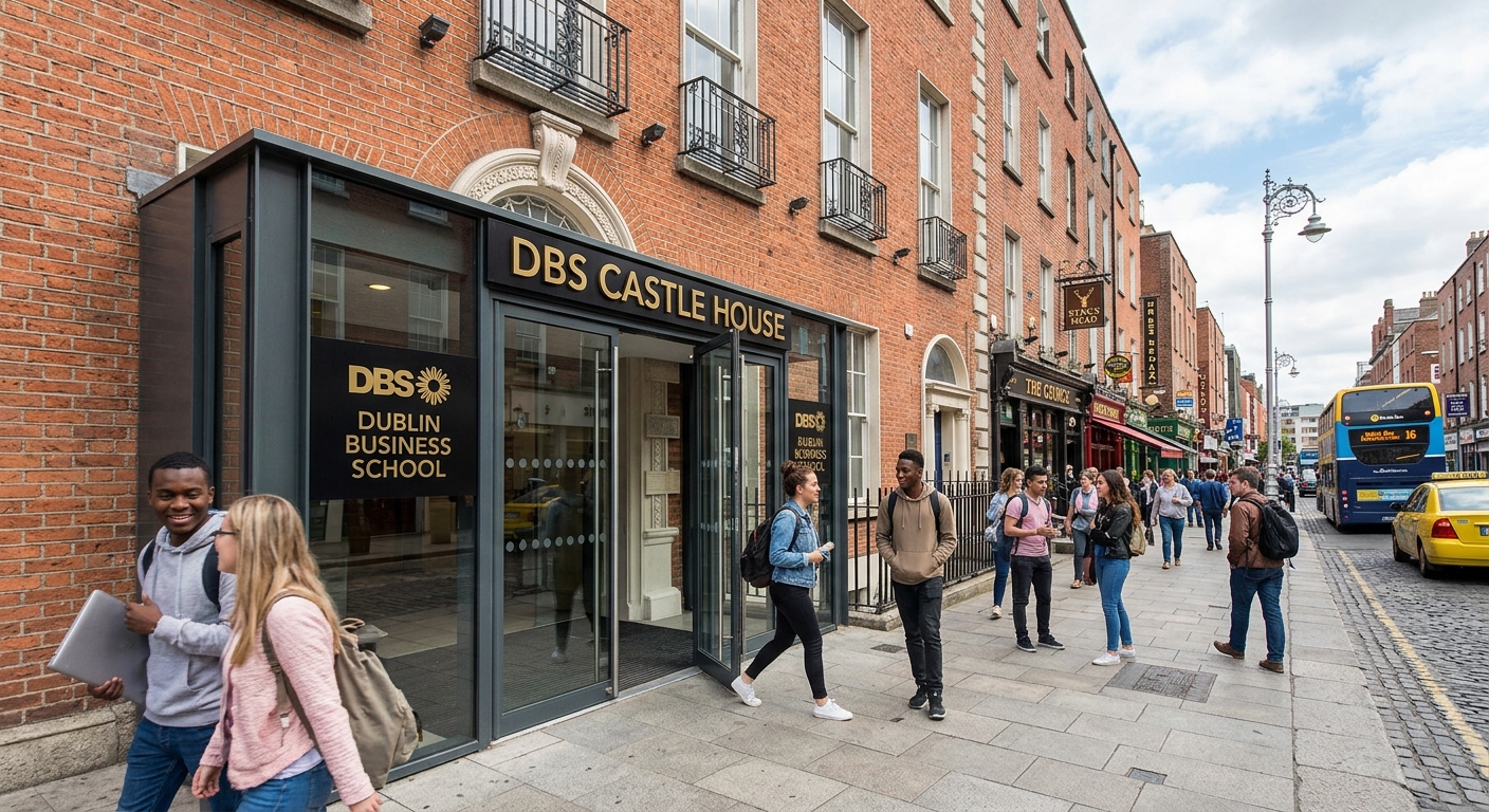 Dublin Business School Castle House campus on South Great George's Street, renovated Georgian building exterior, students entering through glass doors, urban Dublin setting