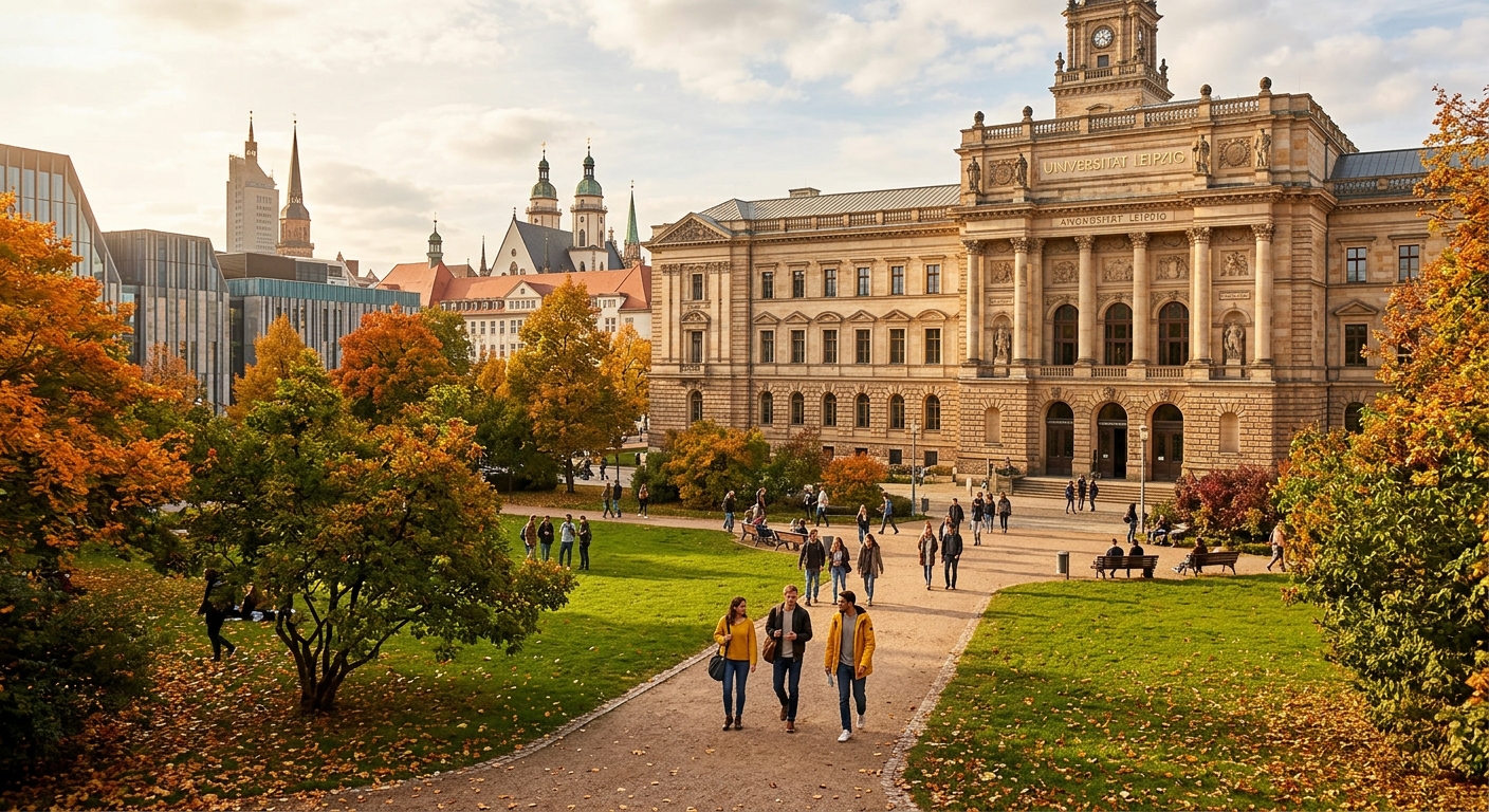 University of Leipzig historic campus building with neoclassical architecture, green courtyard, students walking along tree-lined paths, Leipzig cityscape in background, warm autumn sunlight