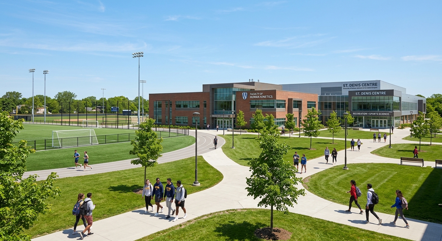 University of Windsor campus with the Faculty of Human Kinetics building, students walking on green pathways, modern sports science facilities visible, clear sky over Windsor Ontario Canada