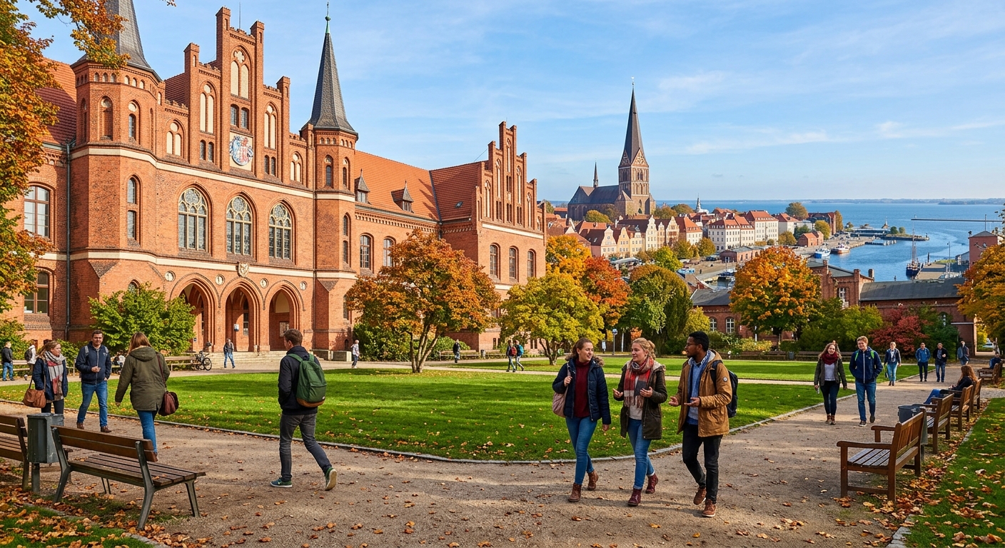 Historic University of Greifswald campus with red-brick Gothic architecture, green courtyard, students walking with backpacks, Baltic Sea coastal town visible in background, bright autumn day
