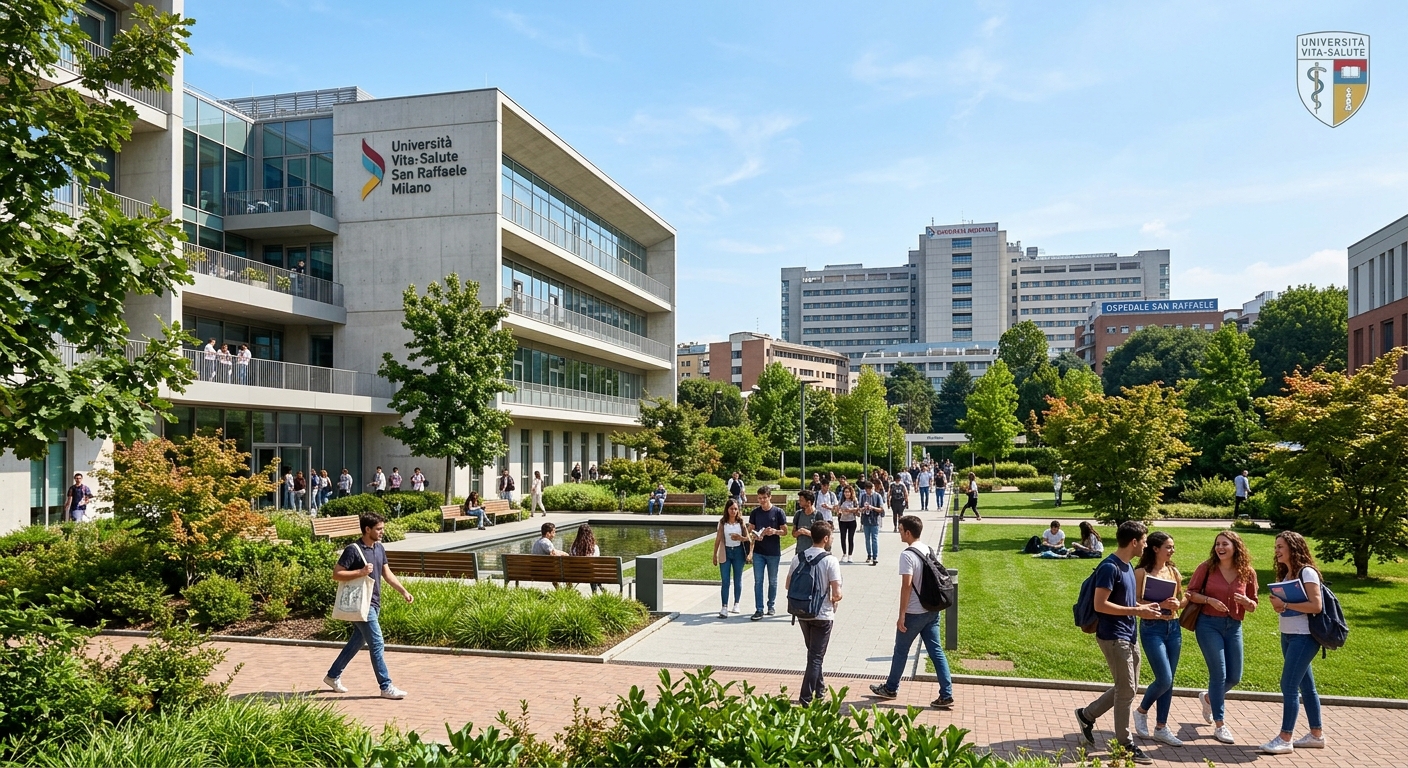 Modern university campus of Vita-Salute San Raffaele in Milan, Italy, with medical faculty building, students walking through courtyard, green landscaped areas, and the San Raffaele Hospital visible in the background under a clear sky