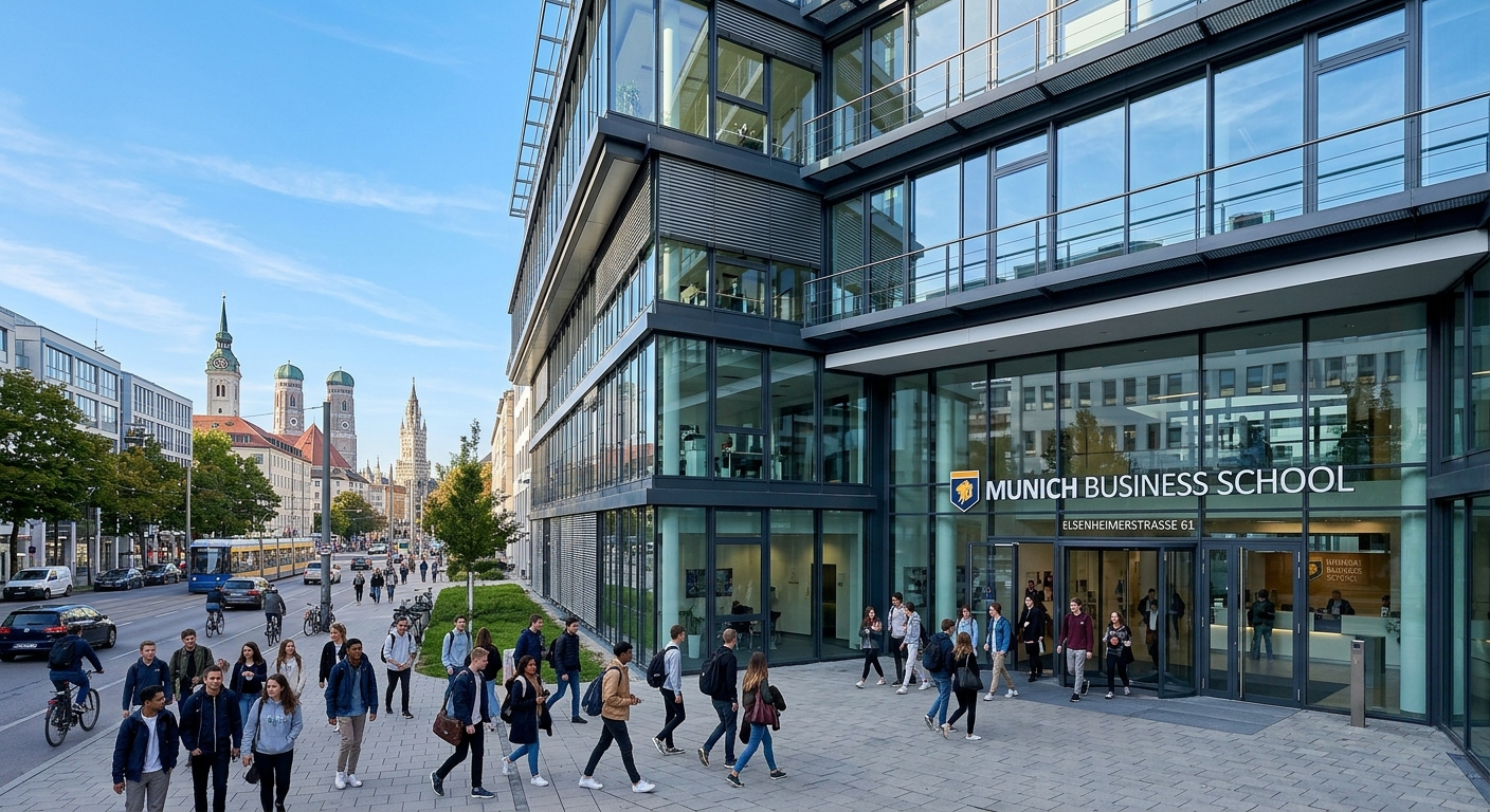 Munich Business School modern campus building on Elsenheimerstrasse in Munich, contemporary urban architecture with glass facade, students walking near entrance, Bavarian cityscape in background, clear blue sky