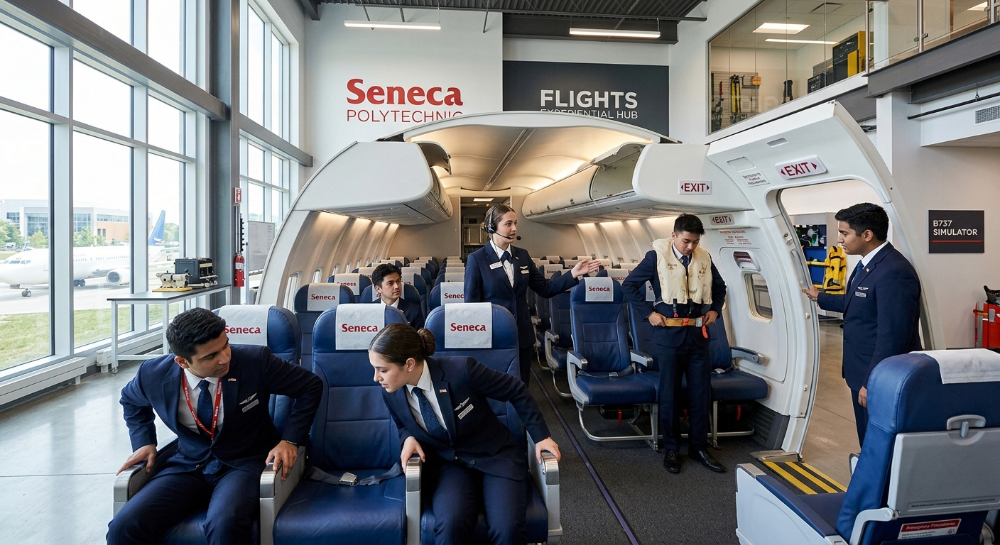Seneca Polytechnic Newnham campus Flights Experiential Hub with B737 cabin simulator, students in branded uniforms practicing safety procedures, modern aviation training facility with natural lighting