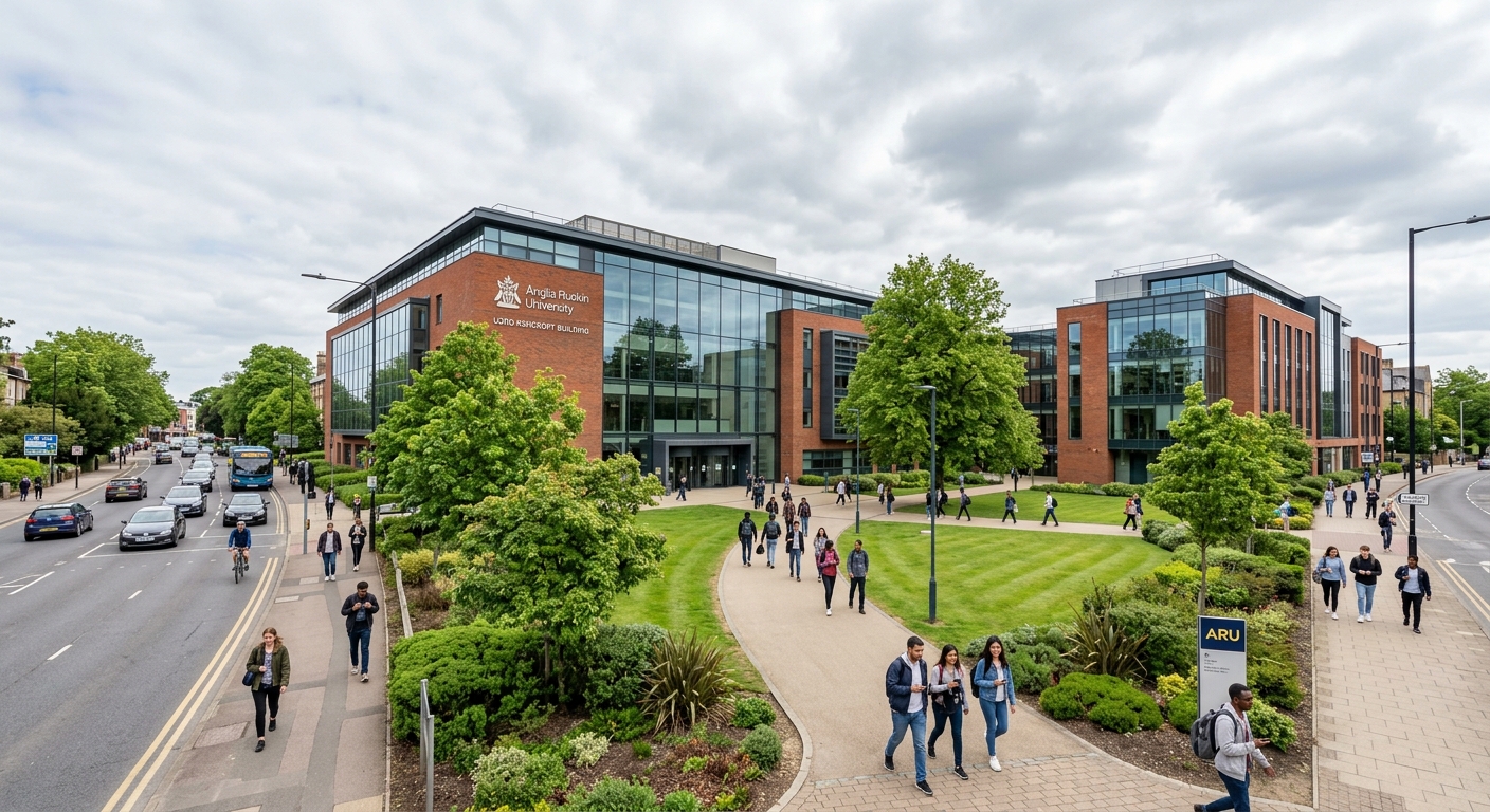 Anglia Ruskin University Cambridge campus wide shot, modern academic buildings along East Road, red brick and glass architecture, green landscaping, students walking on pathways, bright overcast English sky