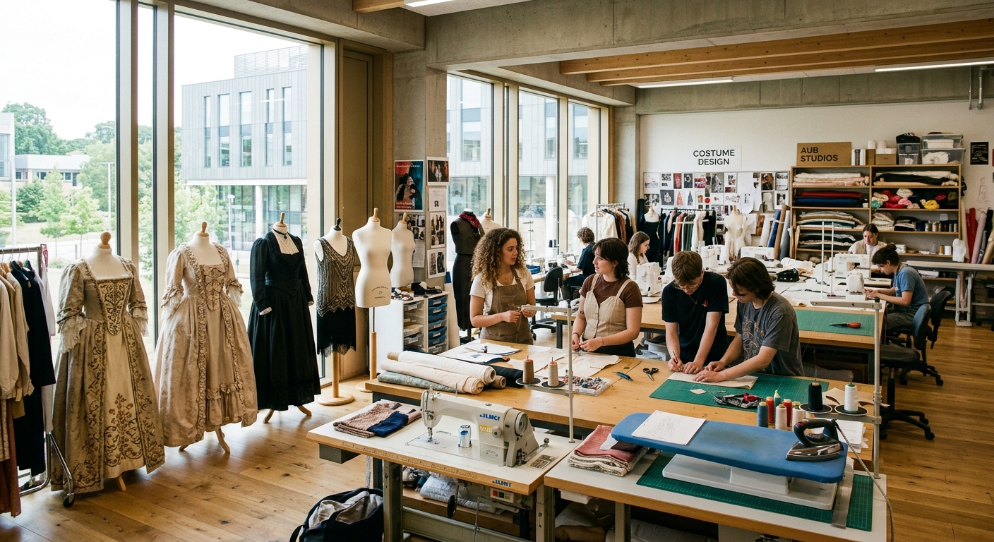 Arts University Bournemouth campus with creative studio spaces, mannequins displaying historical costumes from various eras, sewing equipment and fabric samples on worktables, natural light streaming through large windows, students collaborating on costume projects