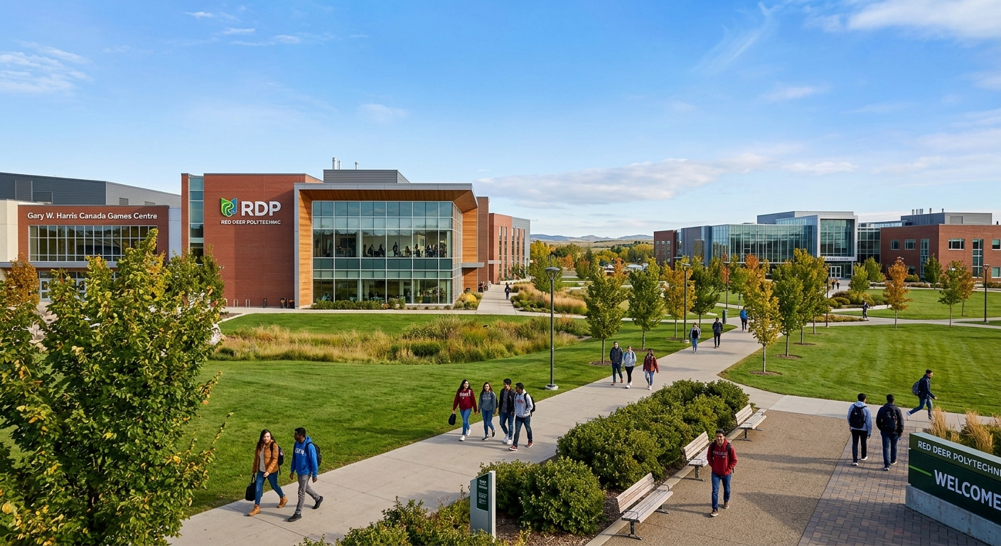 Red Deer Polytechnic campus in Alberta Canada with modern academic buildings, green lawns, and students walking along pathways under clear blue prairie sky