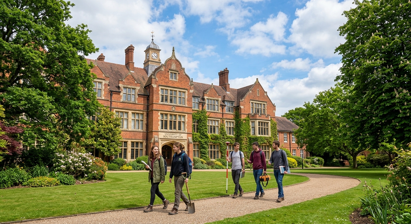 University of Southampton Avenue Campus historic brick building surrounded by mature trees, archaeology students walking on pathways, green lawns and blue sky, academic setting in southern England