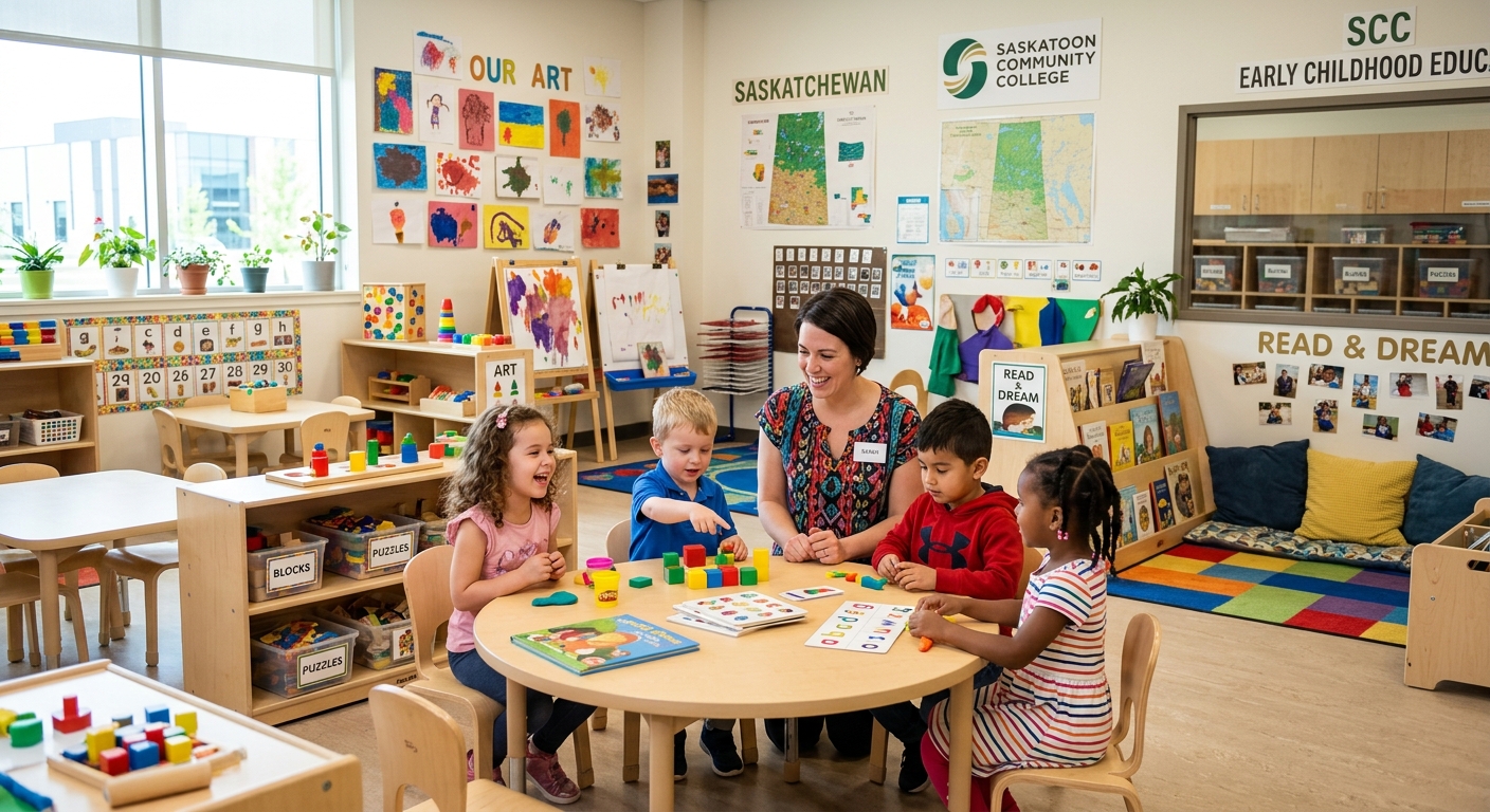 Bright early childhood education classroom with colorful learning stations, small tables and chairs, children's artwork on walls, educator engaging with young children in a welcoming Saskatchewan community college setting