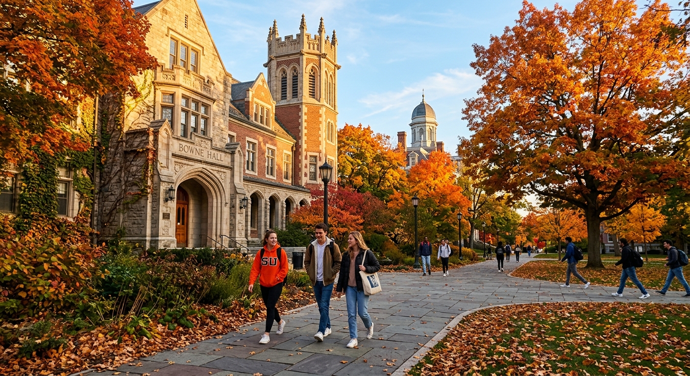 Syracuse University campus in autumn with orange and red foliage, historic stone buildings, students walking along pathways near Bowne Hall, warm afternoon light