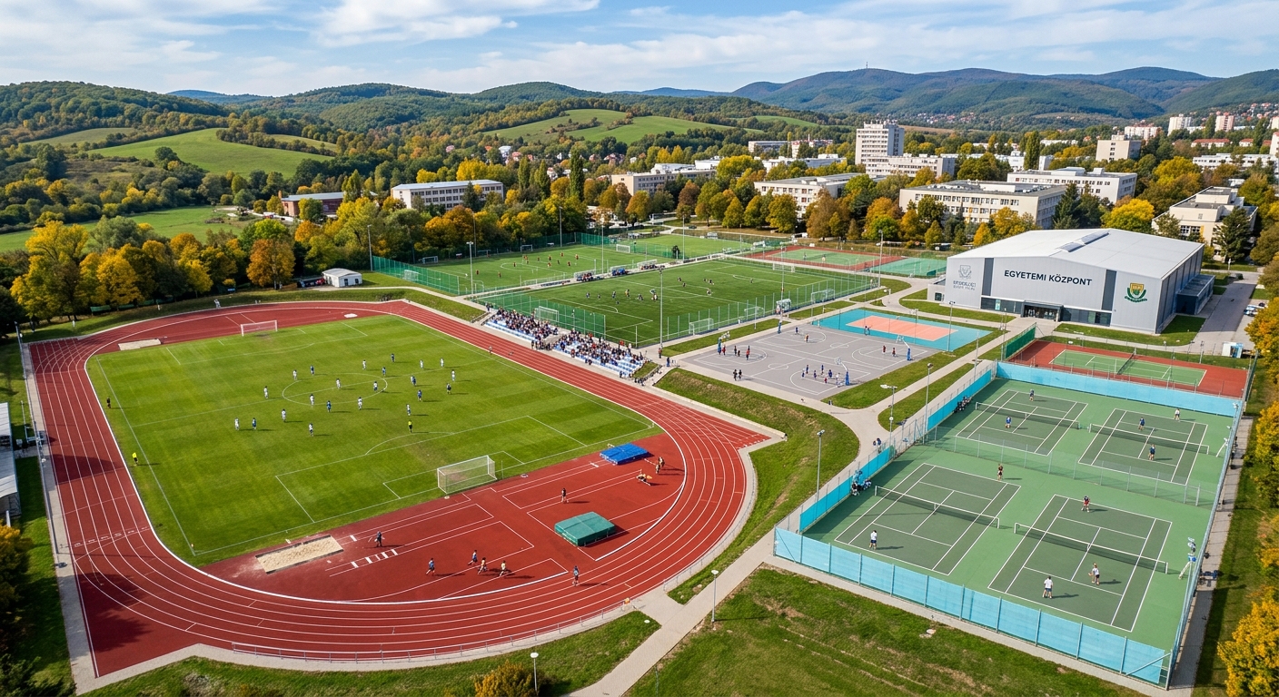 University of Miskolc sports complex with athletic fields, soccer grounds, and tennis courts, students playing sports